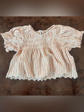 Rylee + Cru Peach and White Smocked Ruffle Top